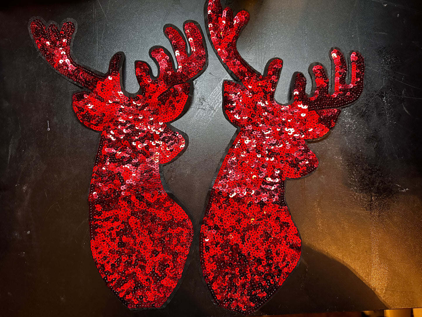 Red shimmer reindeer iron on patch