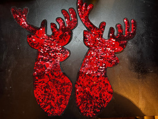Red shimmer reindeer iron on patch